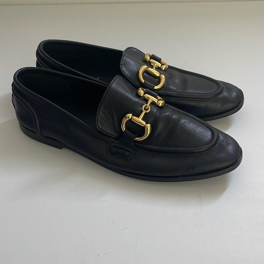 Jeffrey Campbell Black Soft Leather Loafers With Gold Tone Horsebit Size 8